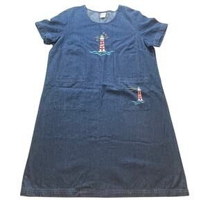 Vintage Denim Lighthouse Jumper Dress Old Money Nautical Coastal Cottage Core L